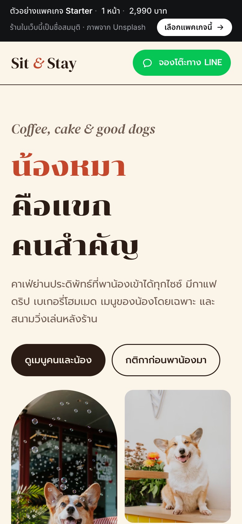 เว็บตัวอย่าง Sit & Stay · คาเฟ่หมา บนมือถือ