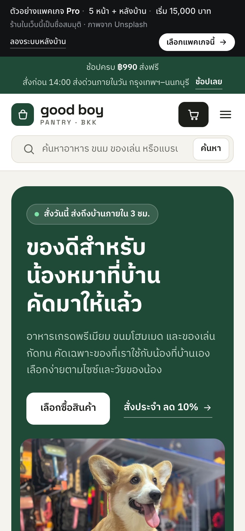 เว็บตัวอย่าง Good Boy Pantry · ร้านอาหารสุนัข บนมือถือ